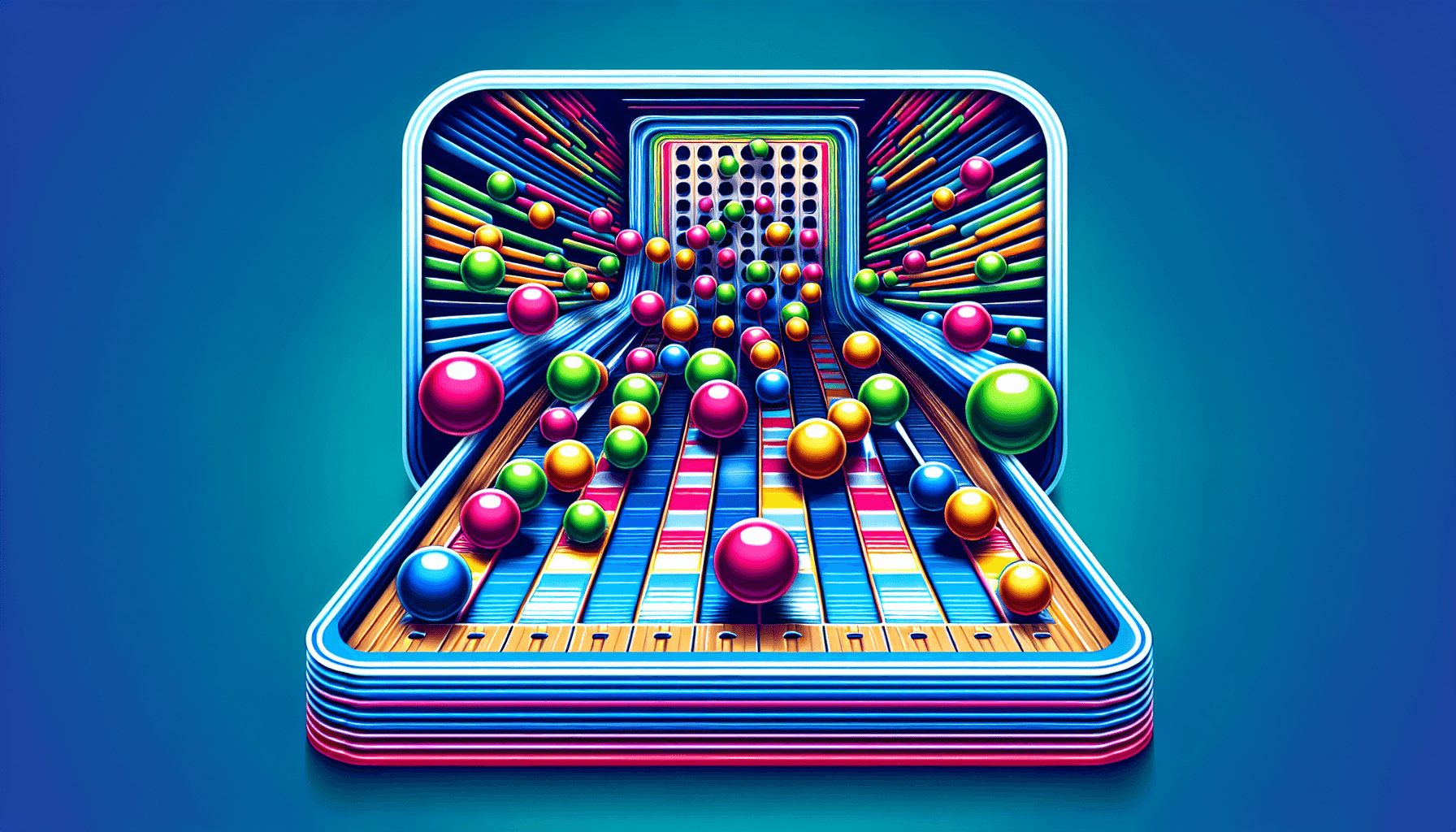 Digital board with colorful bouncing balls in Plinko game